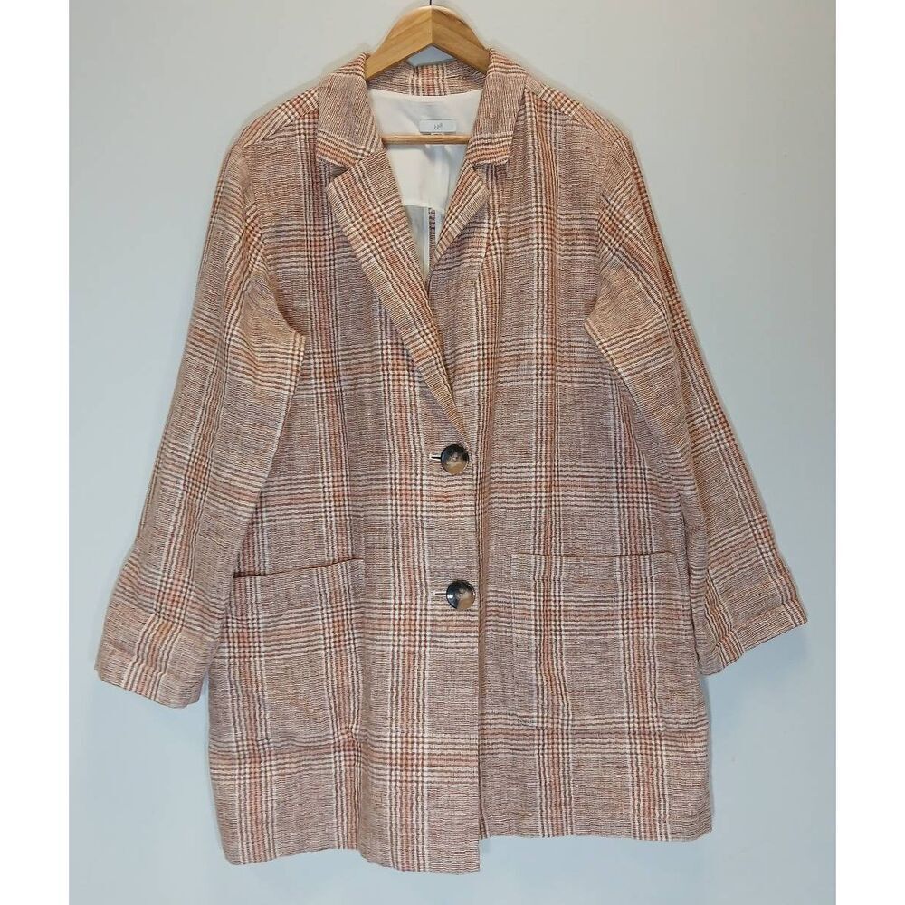 J jill women 1xl gauzy linen cotton blazer coral peach brown plaid Spring Summer